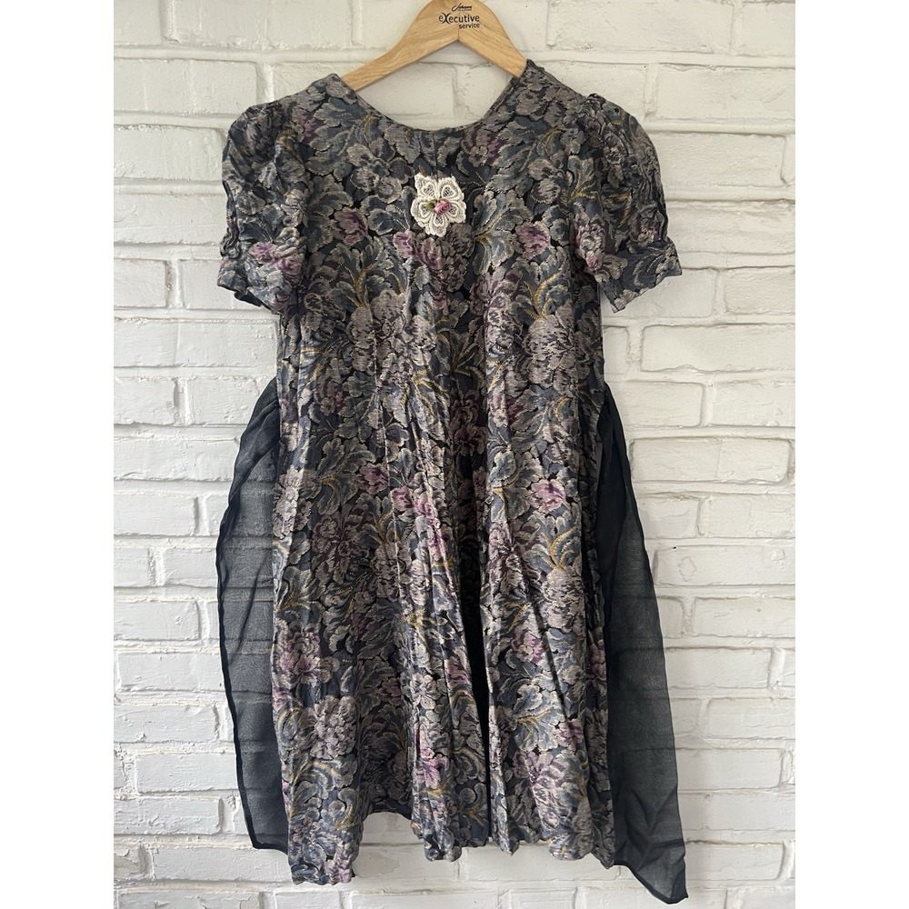 Vintage‎ Floral Crochet Flower Rose Embrodiered Chiffon Bow Dress (4-6) Small